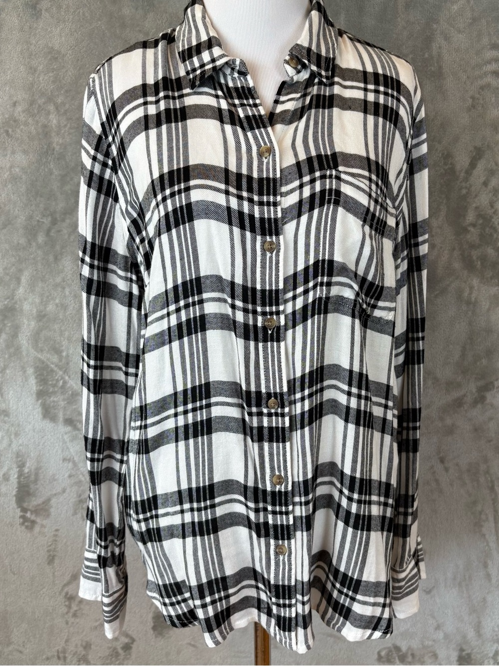 Lucky Brand Plaid Button Down Shirt Women's Black White Long Sleeve Tunic M